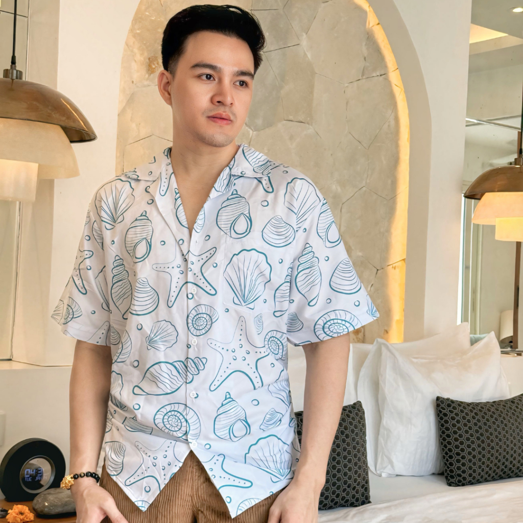 Dowear Baju Kemeja Motif Kekinian Cowok Cewek Bali Pantai Surfing Hawai Jumbo KERANG HIJAU 387