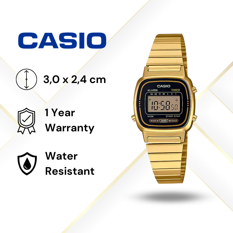 JAM TANGAN WANITA CASIO LA-670WGA-1 ORIGINAL - LA670WGA GOLD HITAM CASIO ORIGINAL