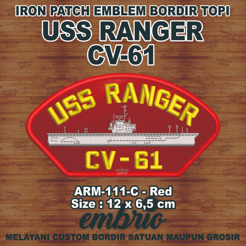 ARM-111-C Patch USS RANGER CV-61 USN Emblem Topi US Navy Kapal Induk Amerika - Red - 12x6,5cm - Embr