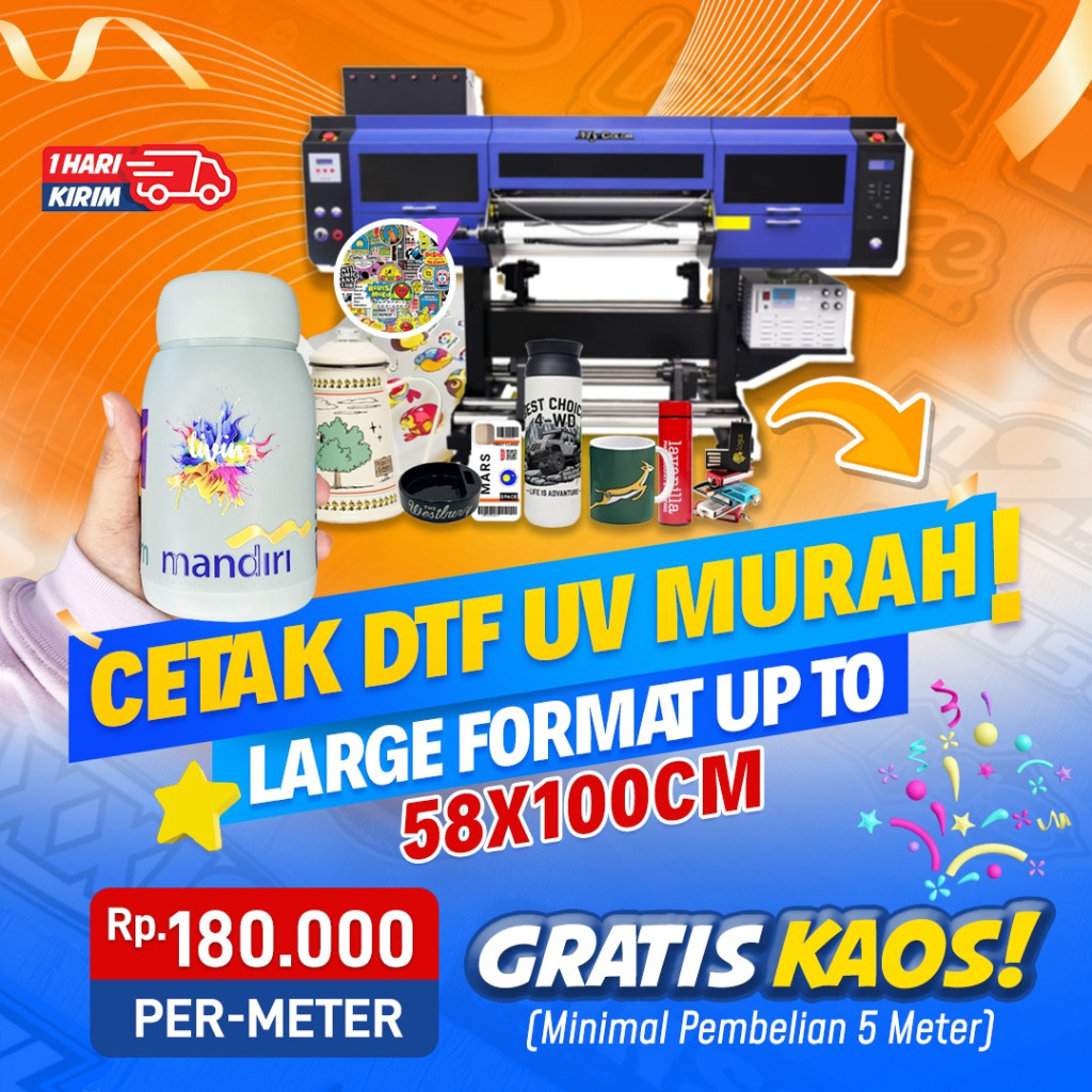 

JASA PRINT / CETAK STICKER STIKER UV DTF UV DECAL KERING TIMBUL 58X100 CM 1 HARI JADI TUMBLER GELAS