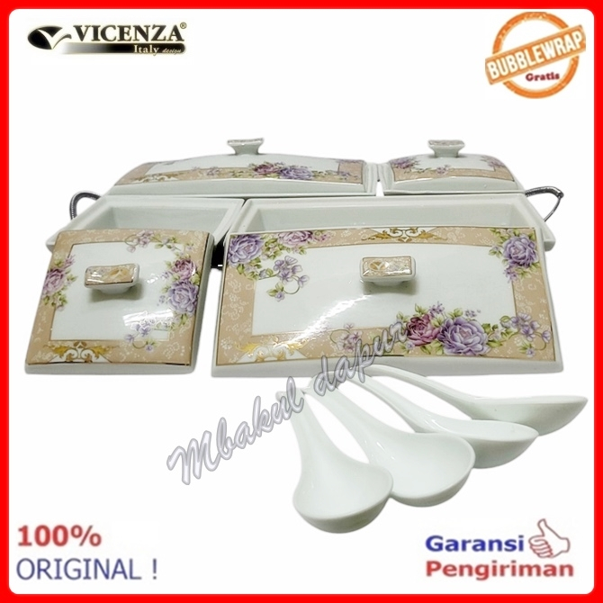 Wadah Saji Keramik Plus Rak Prasmanan Keramik Set 4 Segi Plus Penghangat Vicenza BBAC 749
