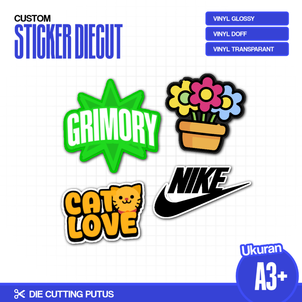 

Custom Sticker Vinyl – Glossy, Doff, Transparan | Cetak Sticker Die Cut A3+