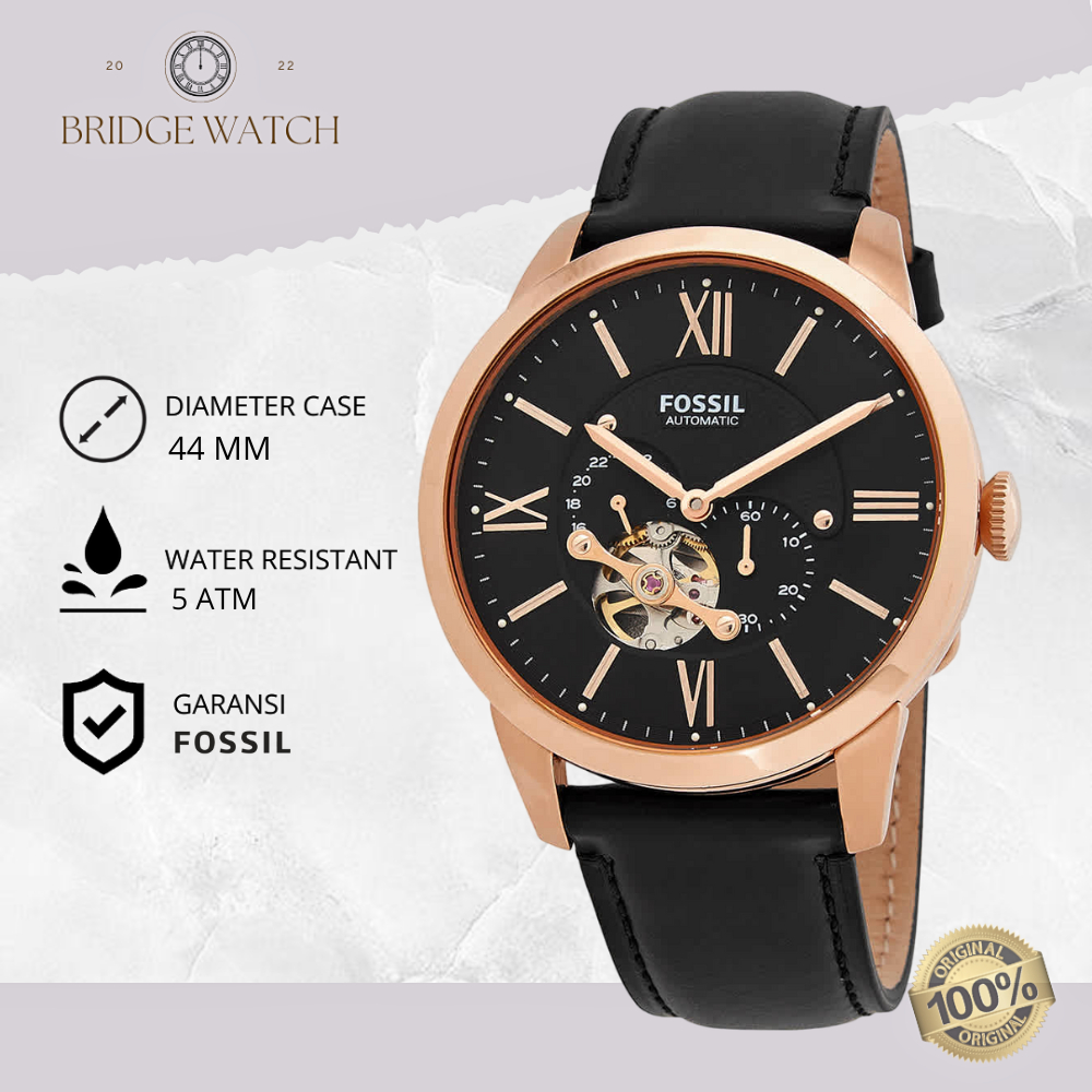 Jam Tangan Pria Fossil Automatic ME3170 Townsman Black Leather Strap Kulit Hitam Watch Casual Origin