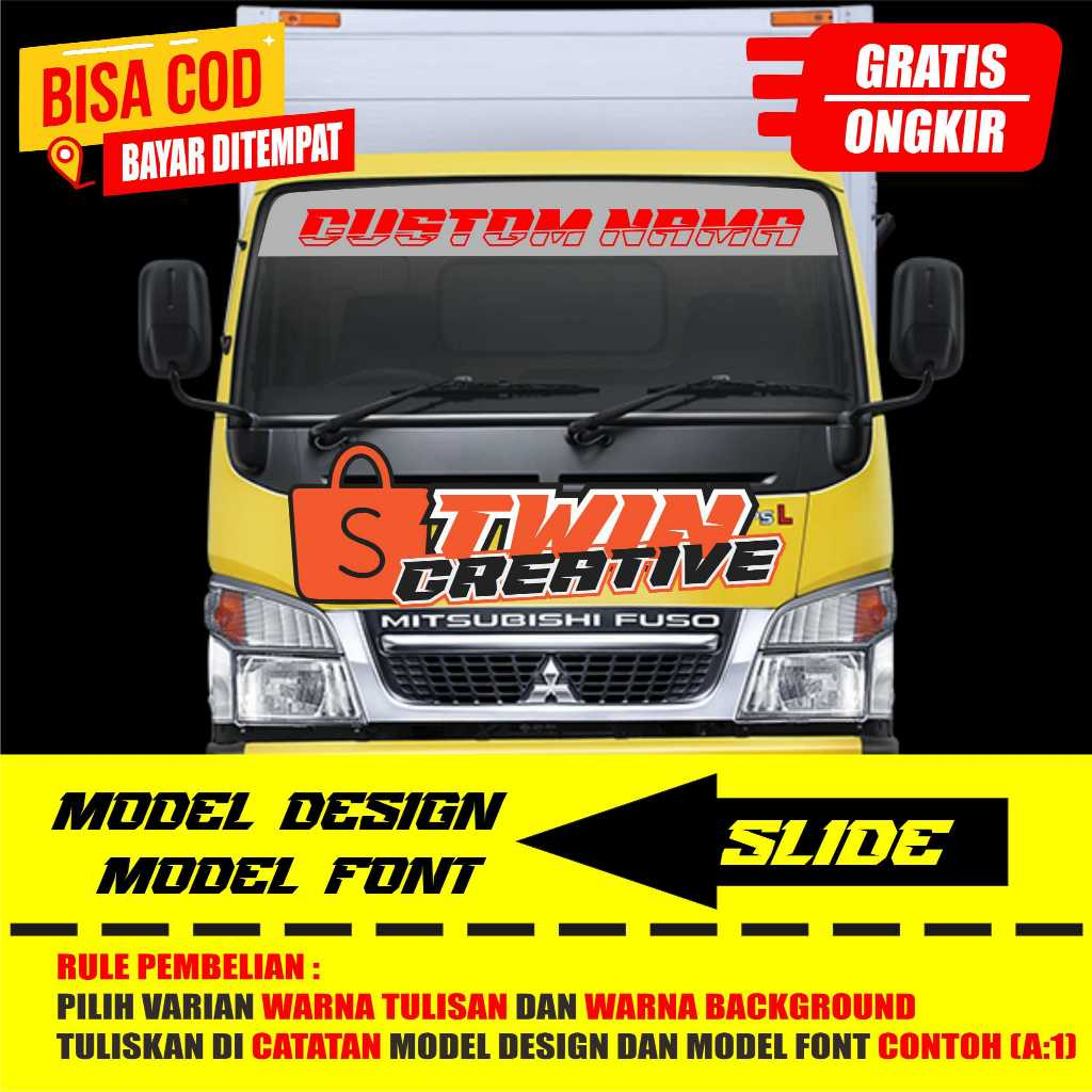 Sticker Cutting Stiker Nama Tulisan dan background kaca depan atas mobil truck truk canter colt dies