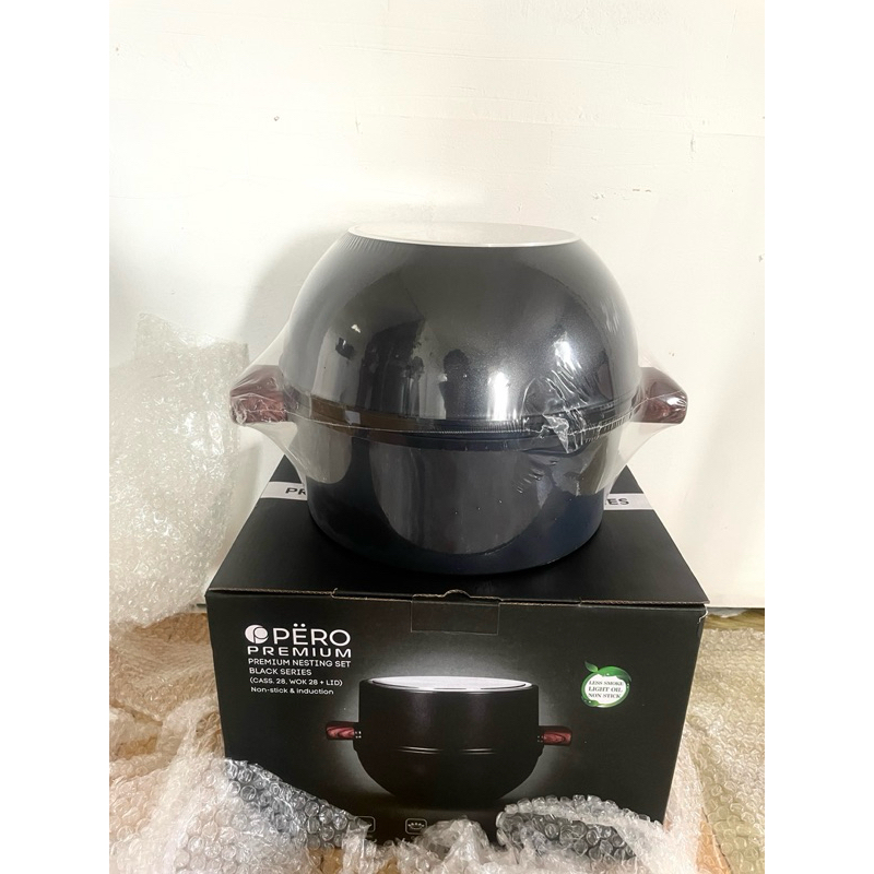 Pero Premium Nesting Black Set Series Casserole 28cm & Wokpan 28cm with Lid Biogranite / Set Wajan U