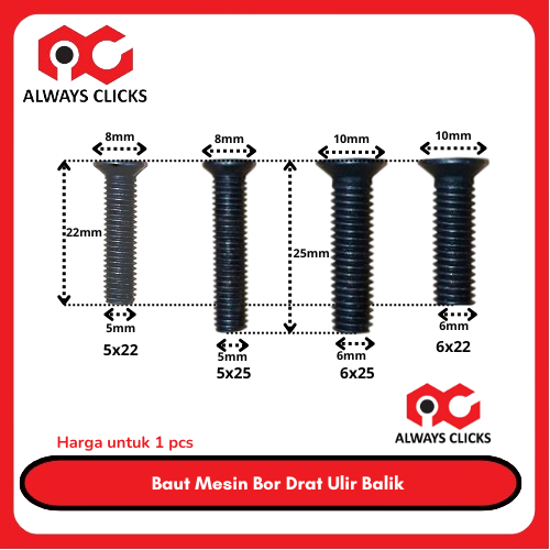 Baut Kepala Bor 10 mm Baut Kepala Bor 13 mm Baut Kiri Kepala Bor
