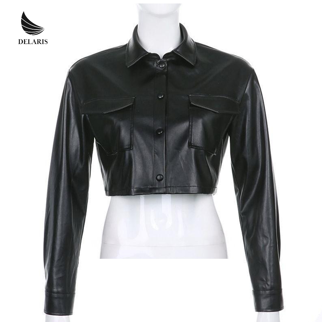Delaris Jaket Kulit Sintetis Croptop Kemeja Wanita