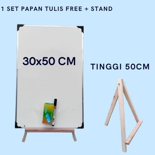 

Whiteboard 30x50 cm + Standing Kayu Kecil 50 cm - Penyangga Papan Tulis Gratis Spidol dan Penghapus