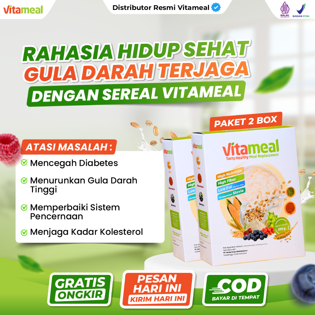 

VITAMEAL 2 Box - Original 100%. Sereal Sehat Multigrain Bantu Cegah Diabetes Menurunkan Gula Darah Tinggi Mengatasi Kencing Manis Diabetes Melitus Sereal Pengganti Sarapan Diet Sehat Meal Replacement Detoks Melancarkan Pencernaan Asam Lambung