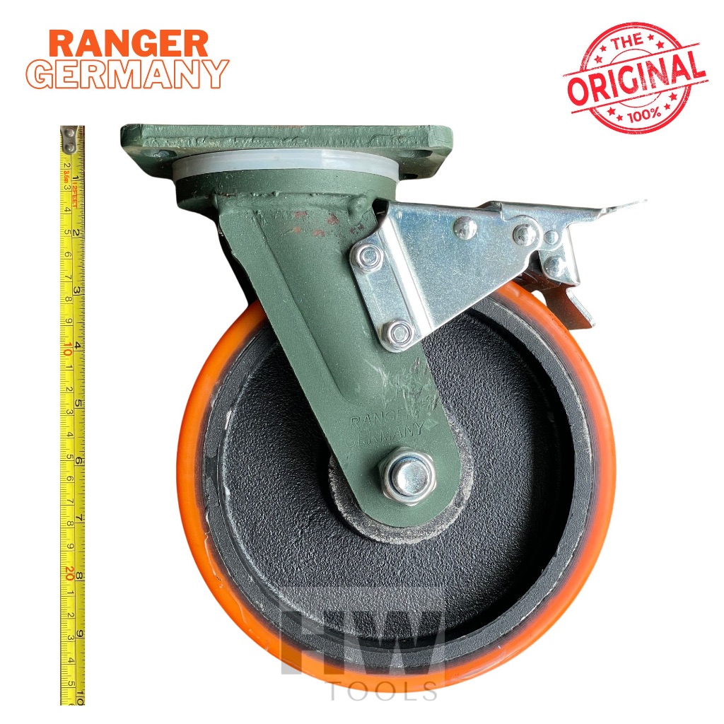 Roda Kastor Mesin Troli Gerobak Besi PU HD 8" Hidup Rem Super Heavy Duty Castor Wheel Cast Iron Poly