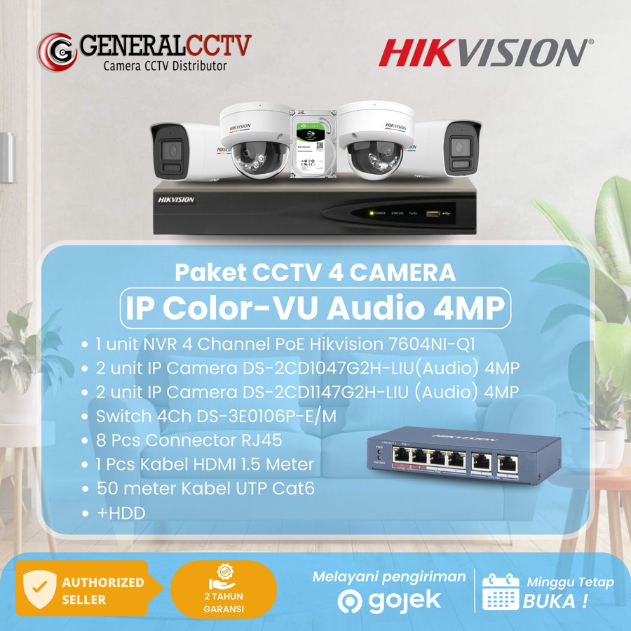 Hikvision Paket IP 4 Camera 4MP 4 Channel Colorvu Audio/Non Audio