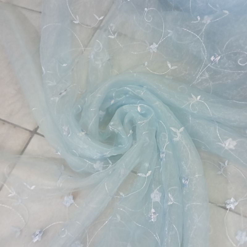 Kain Organza Bordir Motif Bunga Import - Kain Organza Kaca - Kain Organza Kombinasi Outer - Kain Met