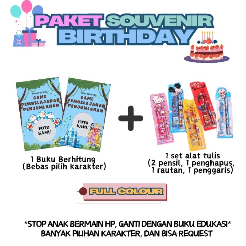 

[PAKET SOUVENIR BIRTHDAY] CUSTOM FOTO BUKU BERHITUNG DENGAN KARAKTER KARTUN + SET ALAT TULIS
