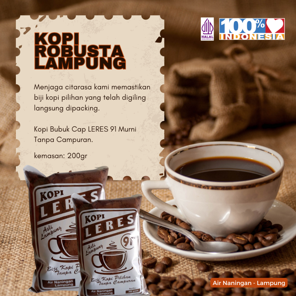 

Kopi Bubuk Robusta Lampung Cap LERES 91 Hitam Murni Tanpa Campuran 200gr