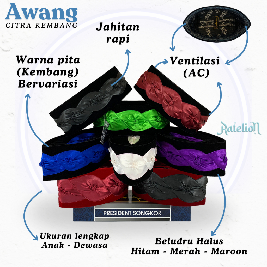 Songkok CITRA KEMBANG KOL AWANG Tinggi 9 AC Dasar Hitam Merah Maroon Biru Ungu Hijau Putih Kopeah Be