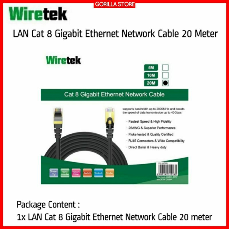 Wiretek Cable Lan Cat 8 Gigabit Ethernet Network Cable 20 Meter