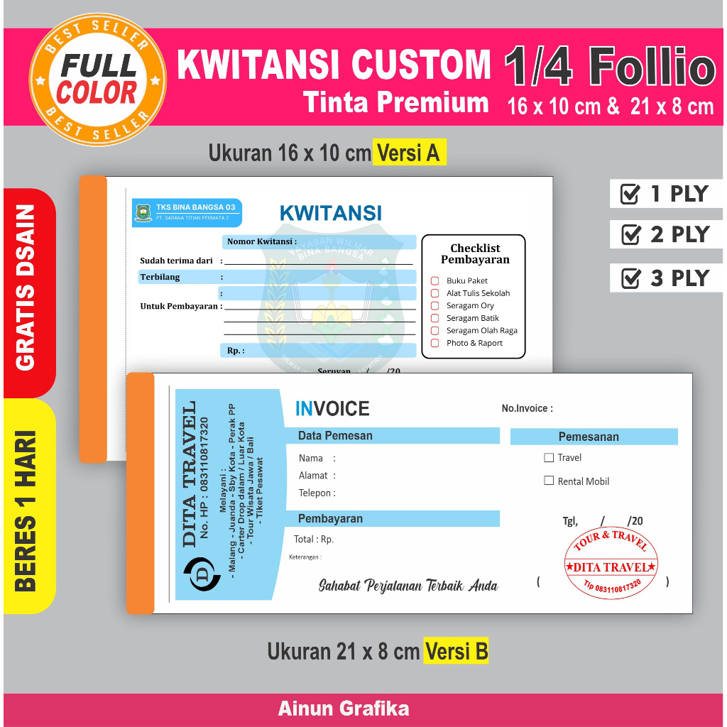 

KWITANSI CUSTOM UKURAN 1/4 POLIO 8 X21 CM DAN 10X16 CM 1 PLY 2 PLY DAN 3 PLY 100 LEMBAR DAN 50 LBR