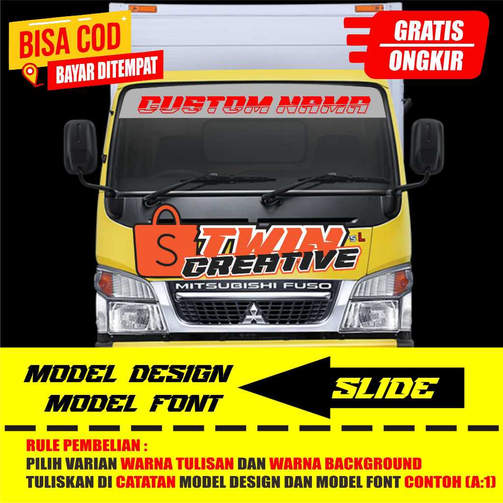 Sticker Cutting Stiker Nama Tulisan kaca atas depan mobil truck truk canter colt diesel engkel CDE w