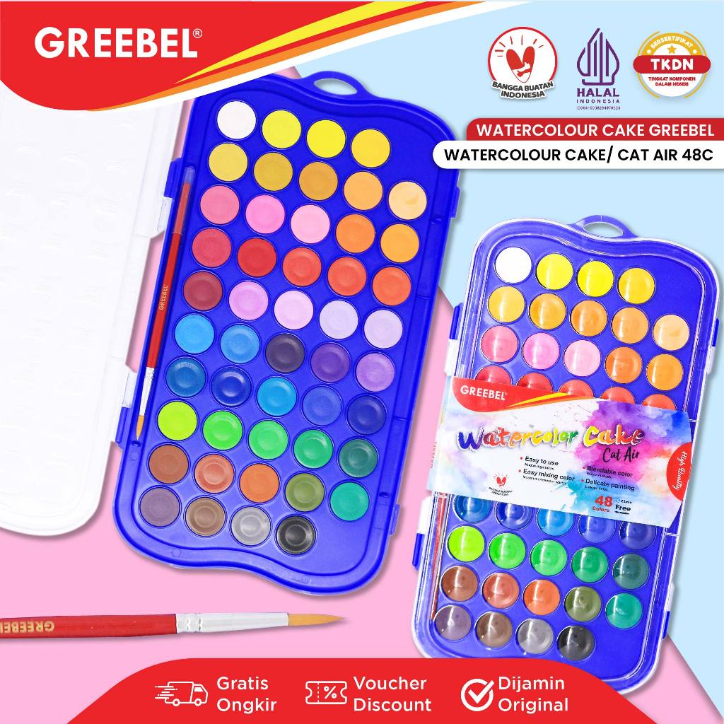 

GREEBEL Cat Air Isi 48 Warna Watercolor Cake Gratis Kuas (48C CAKE) / Cat Air Cat Lukis Melukis Mewarnai