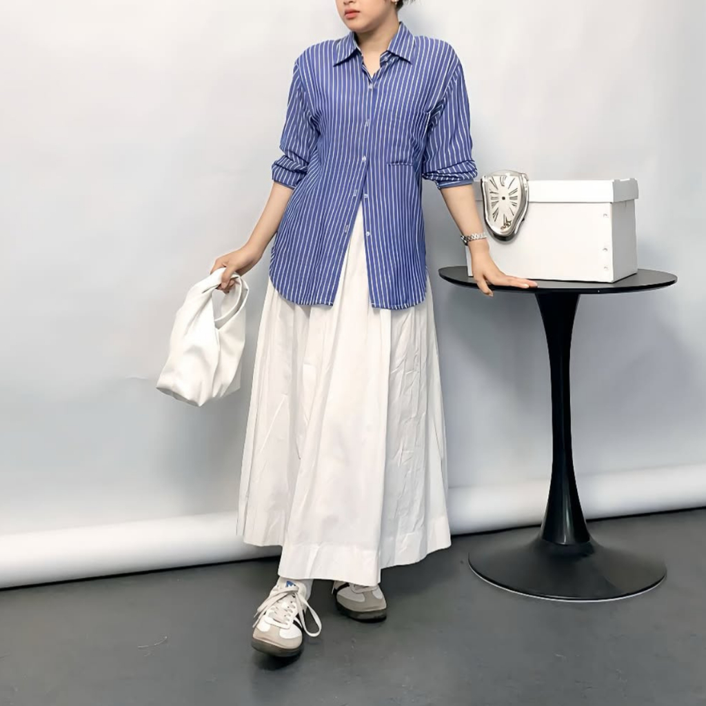 Fiora Rok Rampel Linen Skirt Rok Putih Maxi Korean Style Loose Rok Kekinian Premium V1