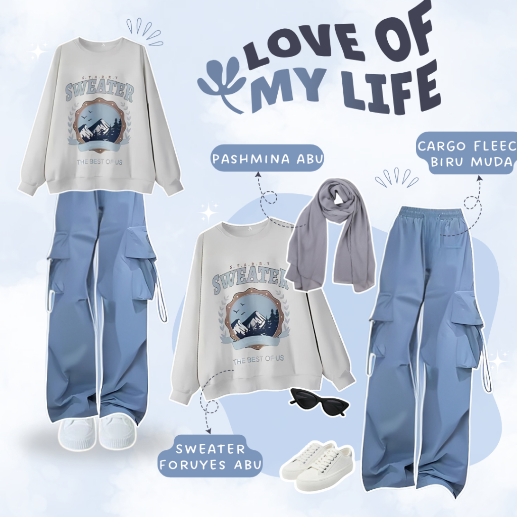 Outfit Oneset OOTD Korean Style (Pashmina, Sweater Oversize, Celana Cargo) Hijab Set - ES52