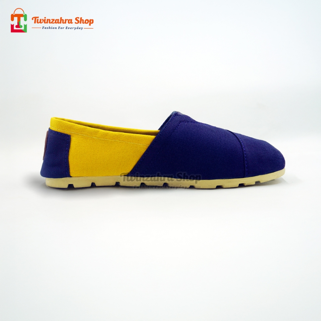 Sepatu Pria Wanita Slip On Canvas Casual Keren Santai Kekinian Wakai Navy Kuning