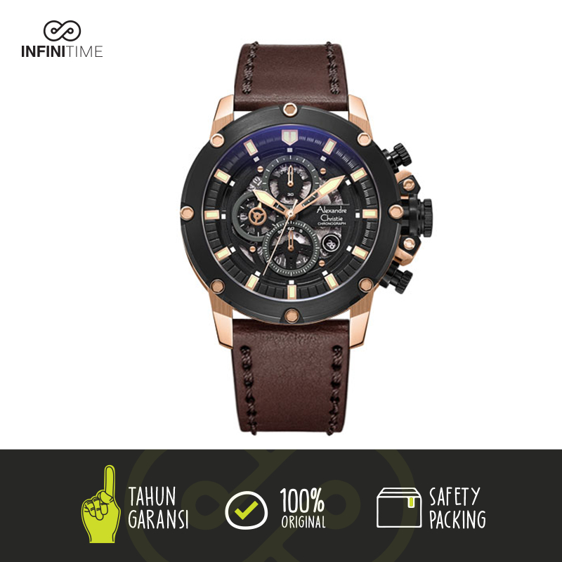 Jam Tangan Alexandre Christie AC 6416 AC 6564 Black Rosegold Pria Kulit