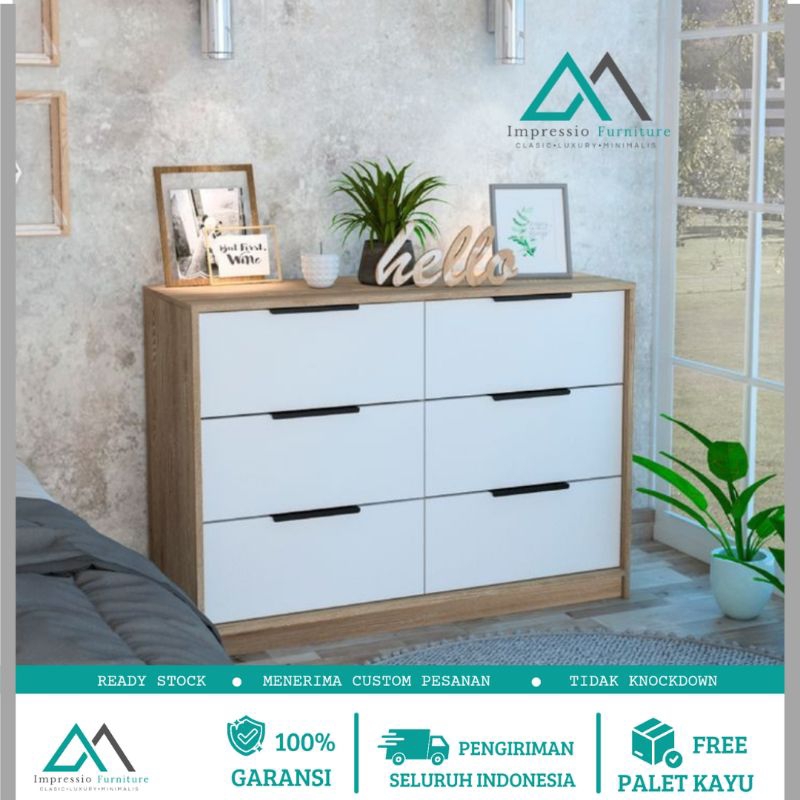 chest drawer minimalis lemari laci 6 susun warna serat kayu dan putih