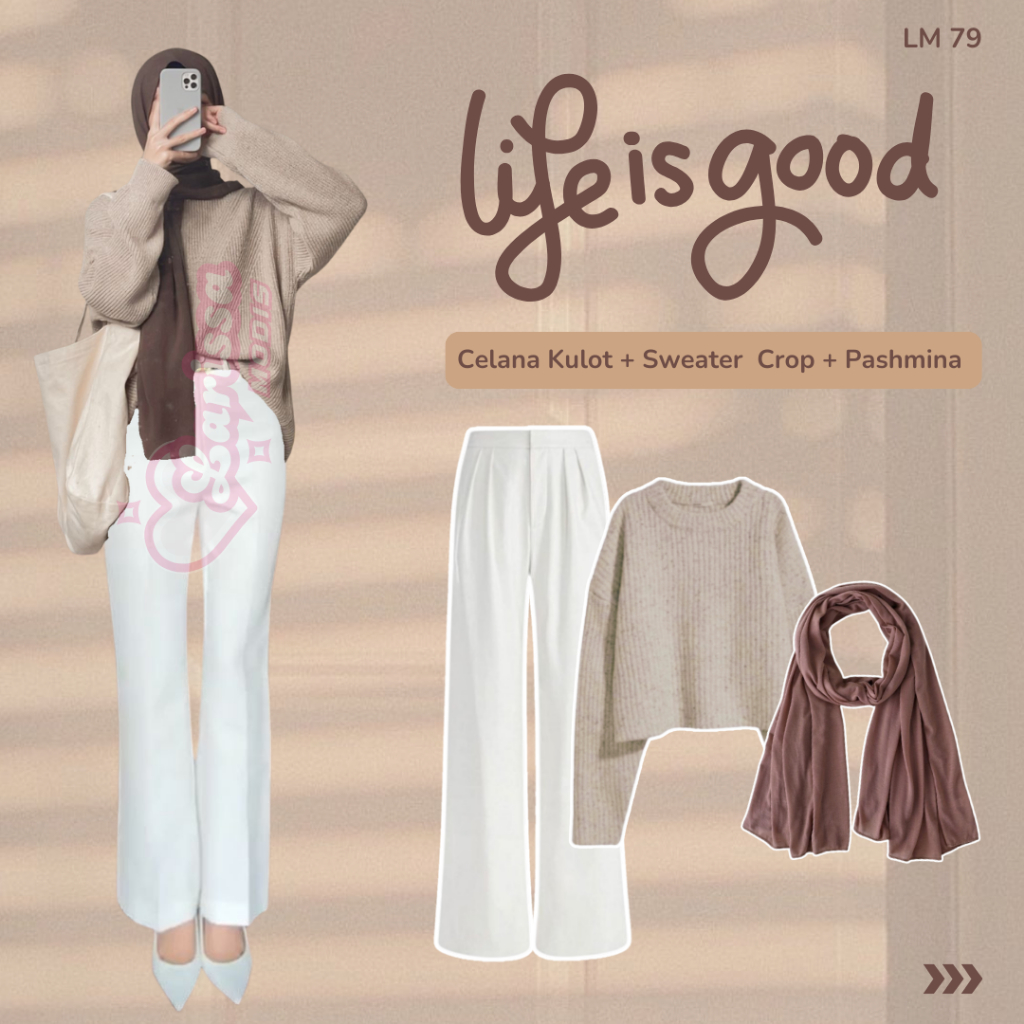 Setalan Hijab Wanita Kekinian Sweater Crop Celana Kulot One Set Hijab Outfit Kece Berhijab Lisa LM79