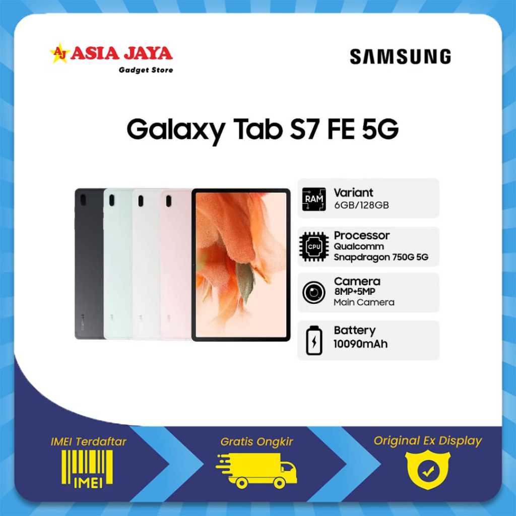 [Ex Display] SAMSUNG GALAXY TAB S7 FE 5G RAM 6/128GB Kelengkapan Fullset Original SAMSUNG