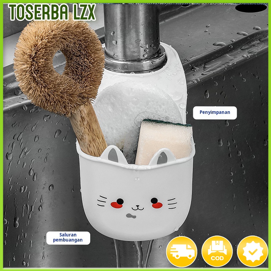 Keranjang pembuangan wastafel, tas gantung, spons pencuci piring, rak penyimpanan keran, perlengkapa