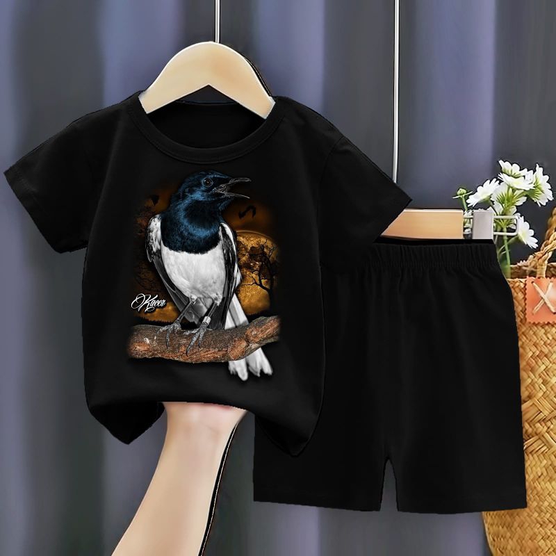 SETELAN HITAM BURUNG KACER KEPALA HITAM DADA PUTIH ONE SET ANAK BAJU CELANA MURAH