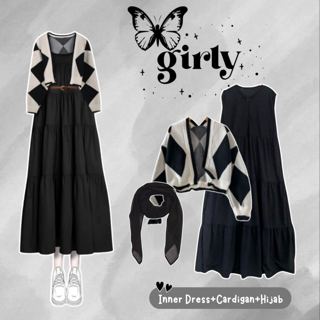 sharenaoutfit - 3 IN 1 Set Hijab Korean Style Outfit Remaja Wanita Kekinian (SWEATER, INNER DRESS, H