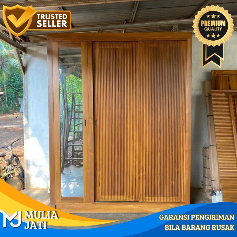 Lemari 3 Pintu Kayu Jati Minimalis / Lemari Jati 3 Pintu / Lemari Cermin 3 Pintu Jati Solid