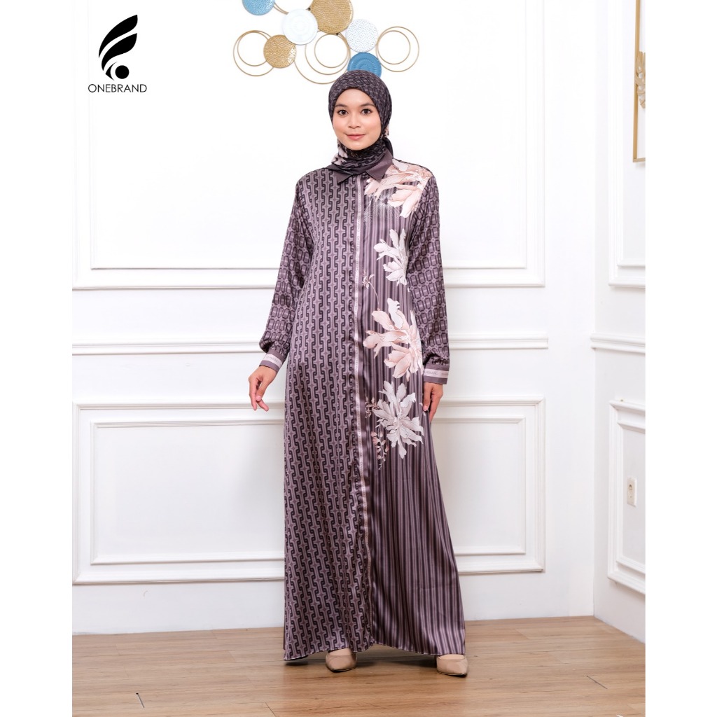 ONEBRAND Hijab Dress JANNA BROWN silk Gamis Dress Wanita Motif cantik dan nyaman