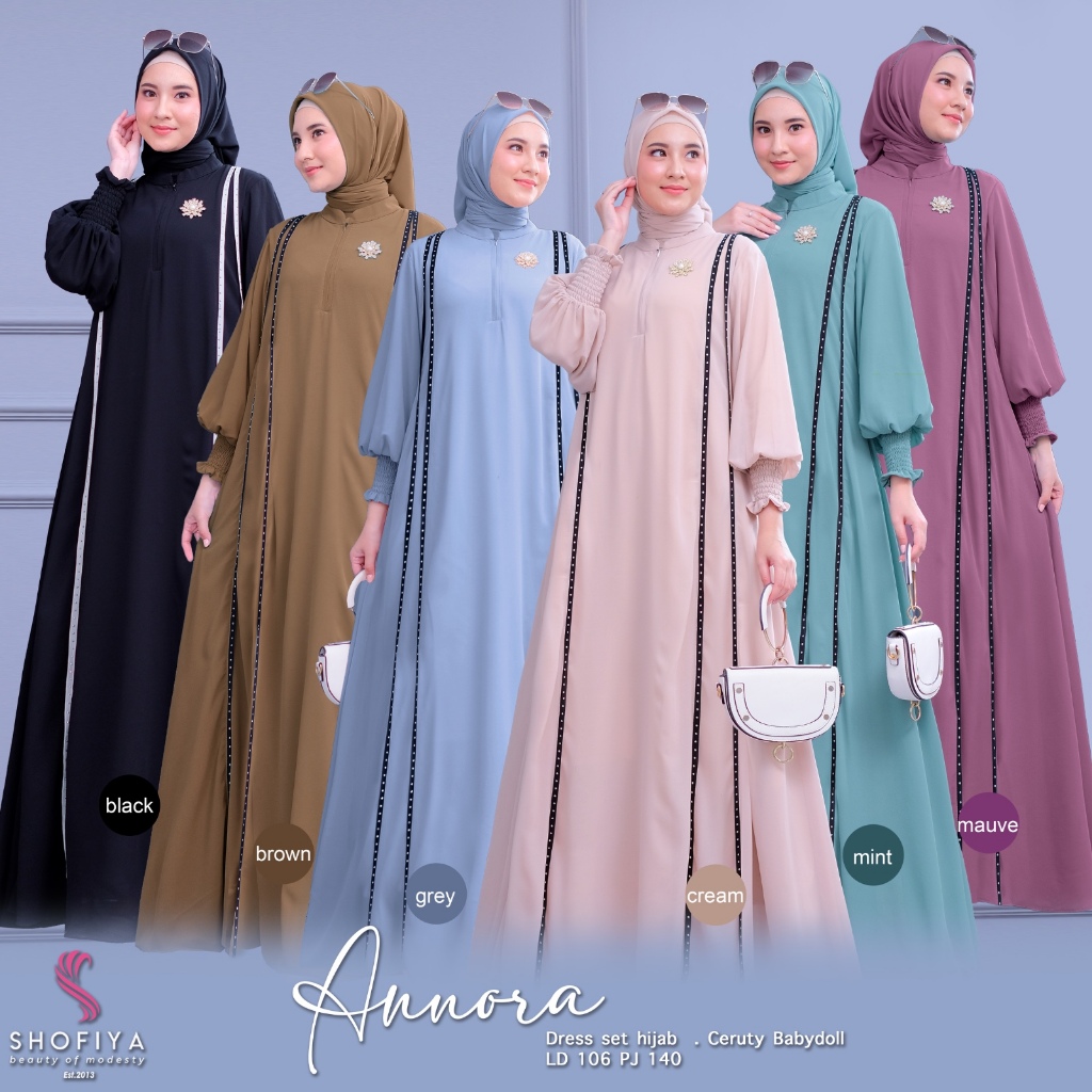 [LD 110] ANNORA SET HIJAB DRESS GAMIS WANITA PESTA MOTIF BAHAN CERUTY MEWAH ORI BY SHOFIYA HIJAB