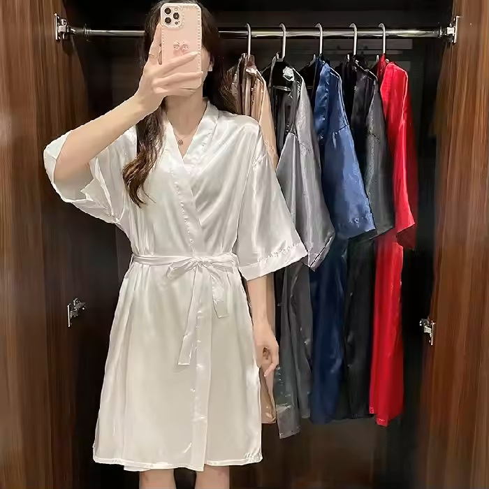 SEI Kimono Tidur Sexy Bahan Satin Model Kimono Polos