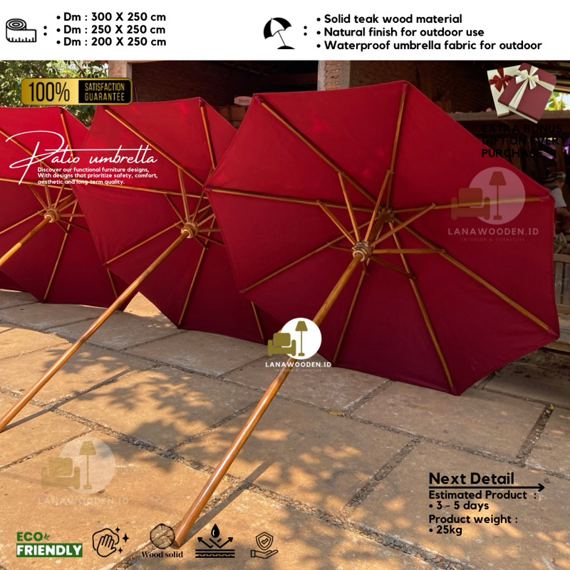 payung taman jati kain parasol polyster Lanawooden Diameter 3 meter , 2.5 meter , 2meter . rangka pa
