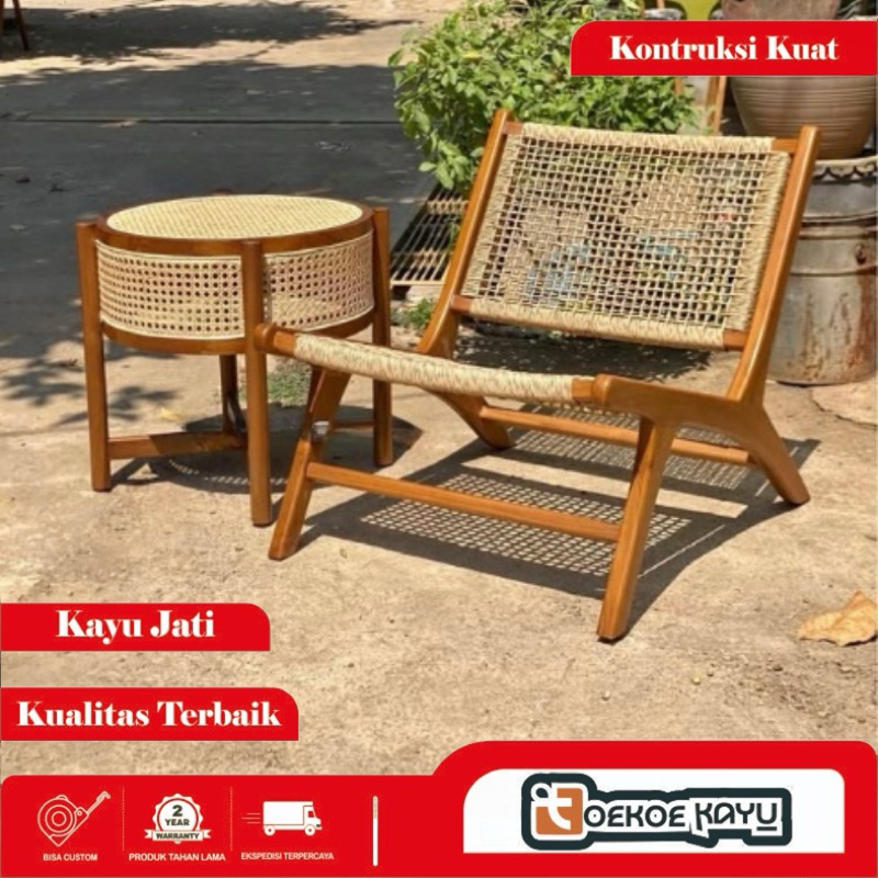 kursi teras rotan , kursi santai rotan kayu jati