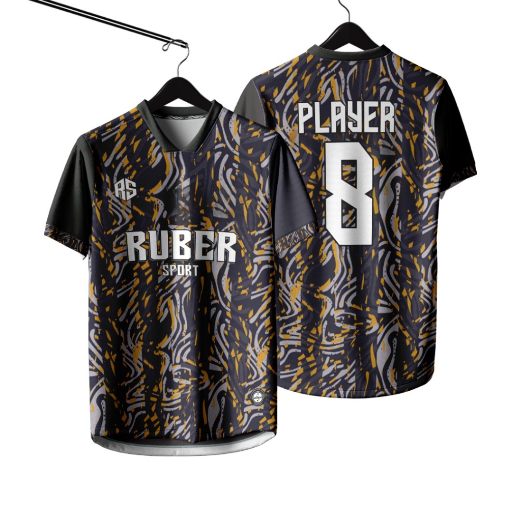Jersey Futsal / Jersey Bola / Jersey Voli Custom Full Printing Bisa Satuan Hitam Loreng Oren Abu