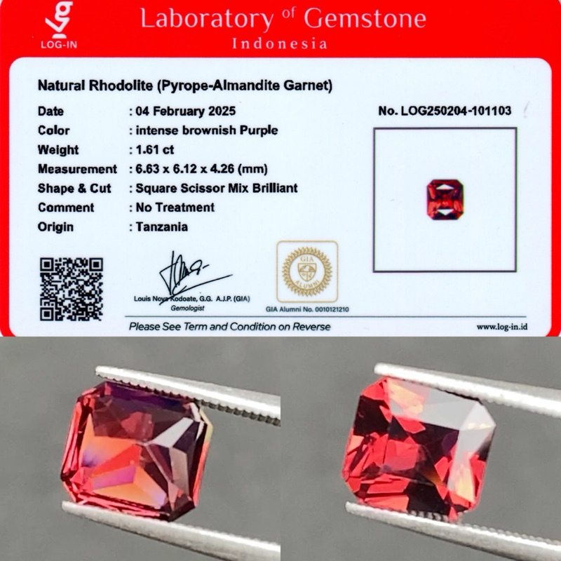 1,61 cts Rhodolite Garnet origin Tanzania 100% Natural No Treatment Memo LOGIN