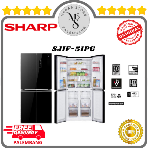 KULKAS SHARP 4 PINTU SJIF-51PGGB TEMPERGLASS INVERTER