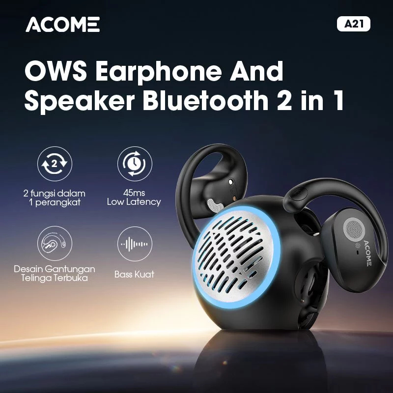 ACOME 2 in 1 Earphone and Speaker Bluetooth 5.4 Low Latency 45ms Stereo Super Bass A21 Original