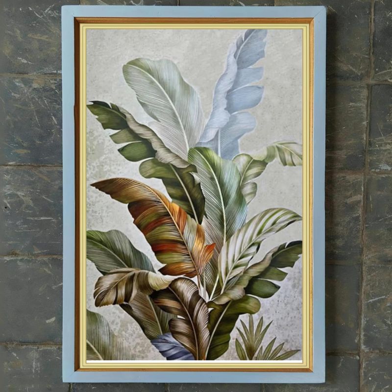 hiasan dinding lukisan cetak daun buah pisang plus bingkai ukuran 85×55