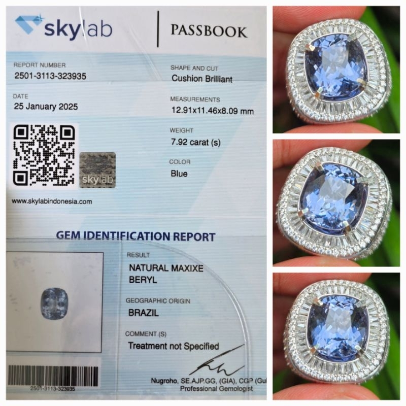 Natural HQ Clean Maxixe Blue Beryl Sertifikat 7.92 crt