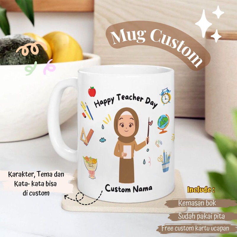 Mug Custom Tema Guru / Kado Guru / Teacher Day / Cetak Gelas Custom / Kado Guru Selamat Hari Guru / 