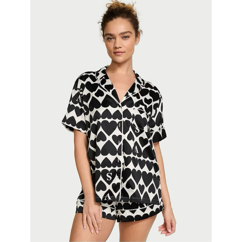 VS victoria's secret black hearts silk satin short pajamas set