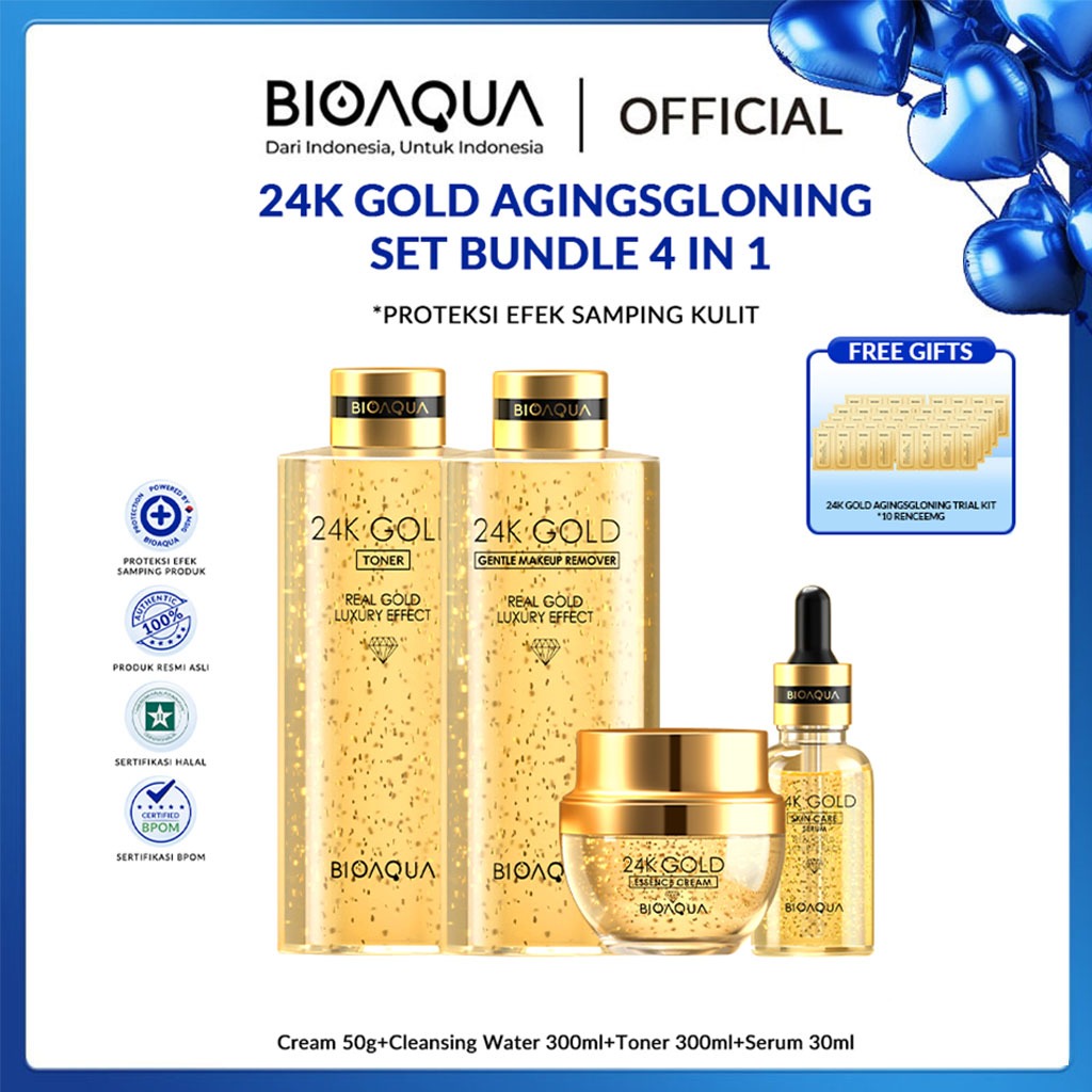【BPOM】Bioaqua Cosmetics 24K Gold Facial Kit sets&packages cream 50g + toner 100ml + serum 100ml
