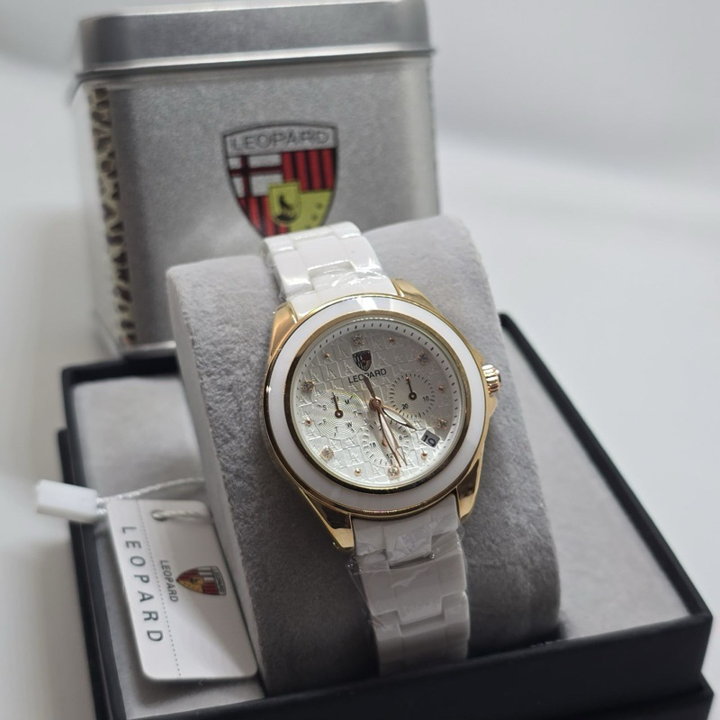 ( BISA COD ) Jam Tangan Wanita LEOPARD Original Rantai Stainless Steel Keramik Chrono Off Tanggal Ak