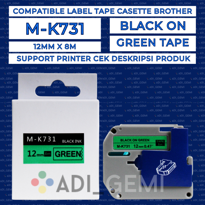 

Compatible TAPE Cartridge BROTHER M-K731 BLACK ON GREEN 12MMx8M